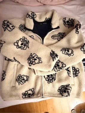 Broken Promises Cream Sherpa Zip-Up Jacket with Black Floral Print
